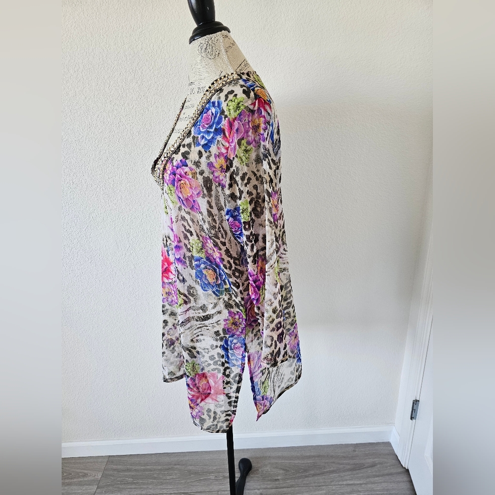 Floral and Leopard Print Swim Coverup Sheet Tunic with Beaded Neckline - Picture 2 of 5
